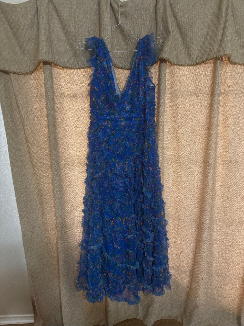 Mac Duggal Blue Floral Ruffle Tier Maxi Dress